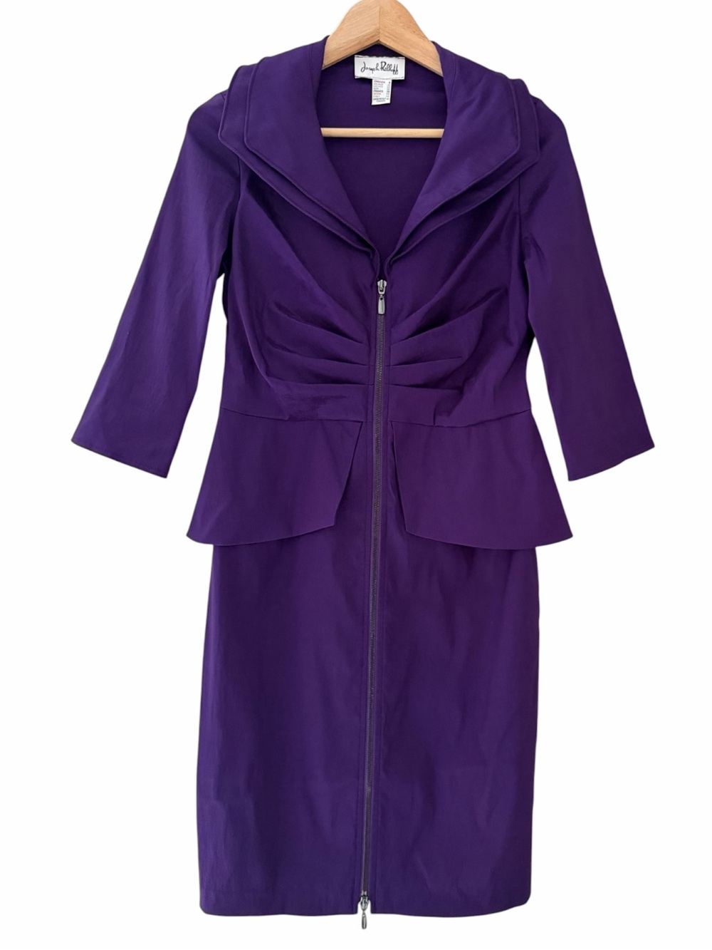 Joseph Ribkoff Purple Peplum Dress Sz 8 Wired Collar Ruched Full Zip 3/4 Slv